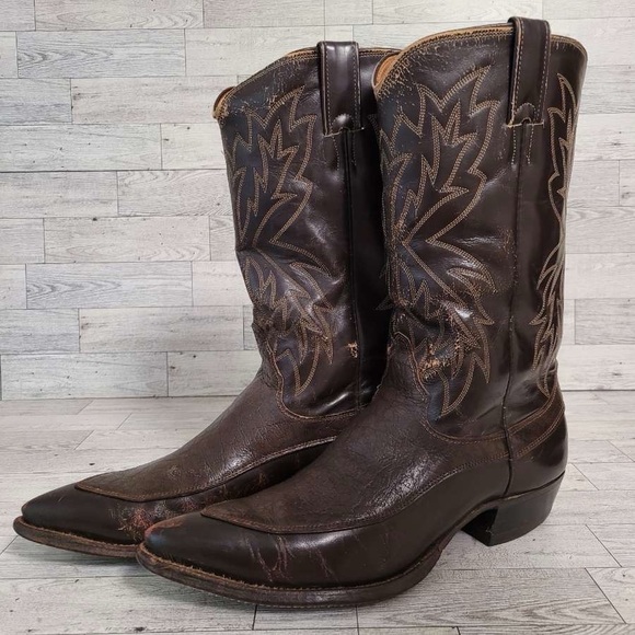 Men's Vintage Justin Western Brown Caribou Leather Exotic Cowboy Boots Size 9.5